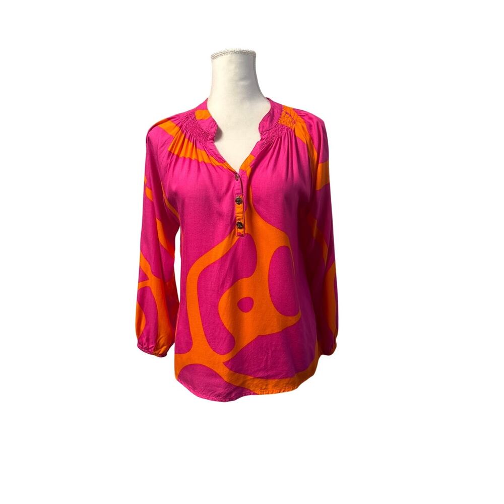 Escapada Women’s Bold Abstract Tunic Top Orange Pink Blouse sz Medium